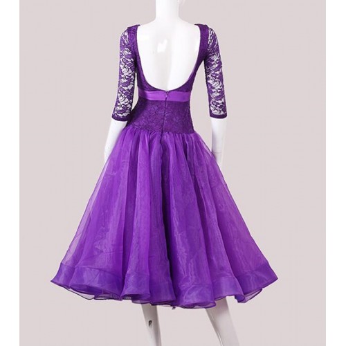 Custom size purple lace ballroom dance dresses for women girls stage performance long sleeves waltz tango dance dresses ballroom dance skirts
